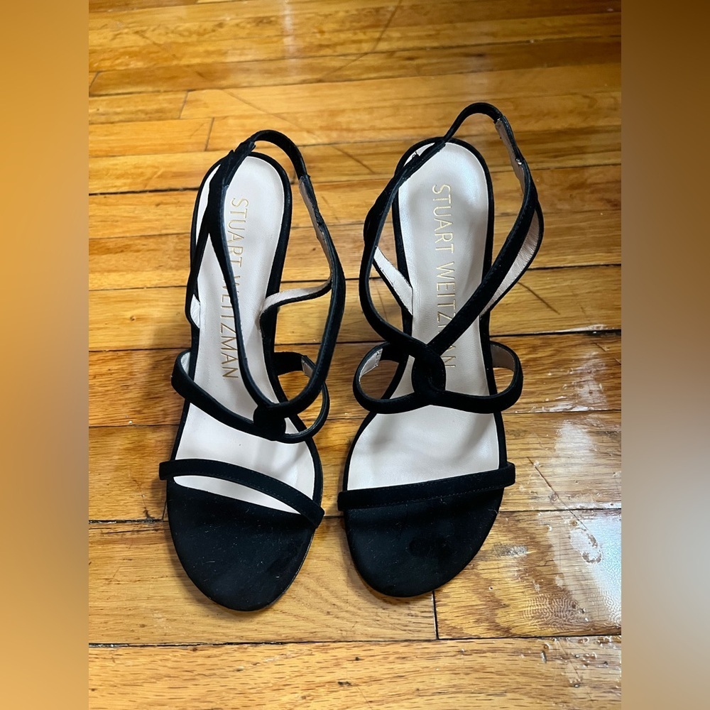 Stuart Weitzman Black Suede Strappy Heels Sandals | Size 6